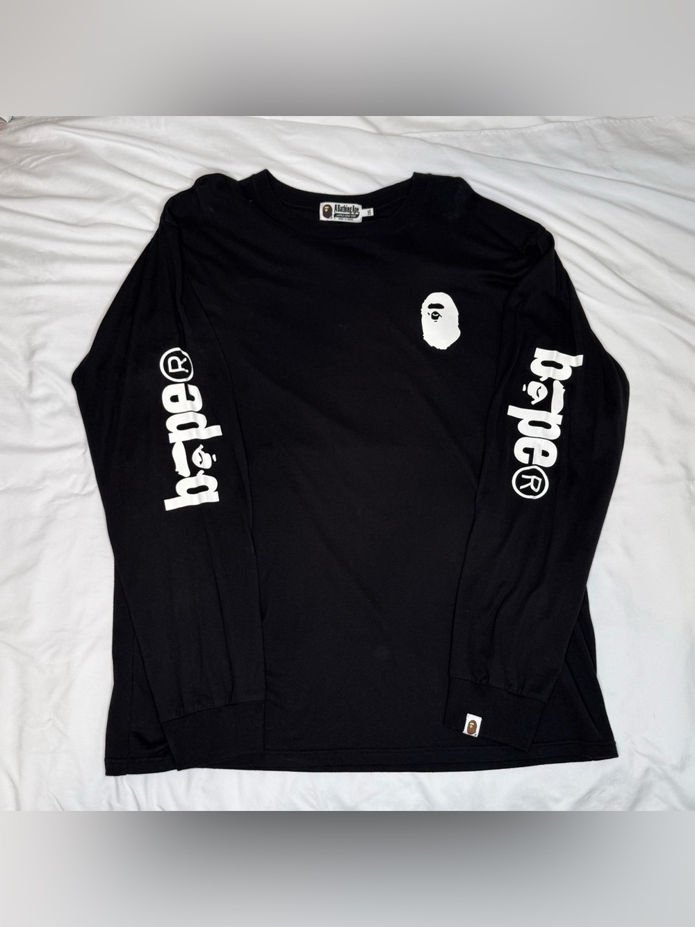 Bape Black Long-Sleeve Tee with White Ape Head and Sleeve Logos